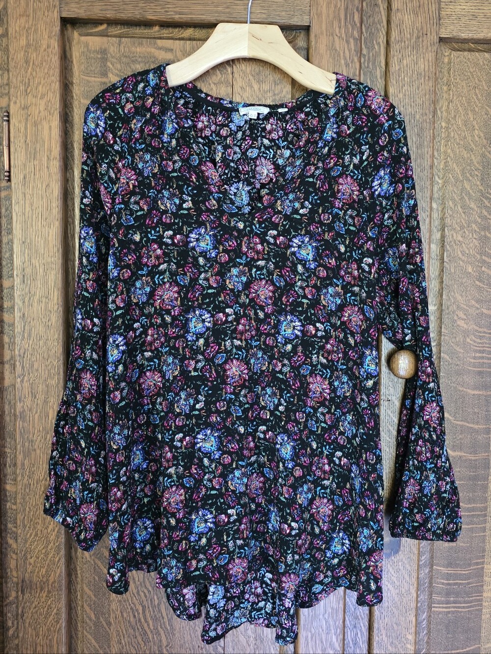 FatFace Black Floral Long Sleeve Crinkle Tunic Gold Metallic Threads Sz 14